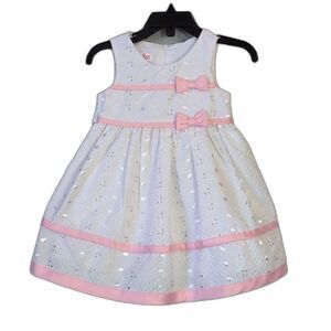 Jessica Ann White Eyelet Lined Dress Pink Bows Baby Girl 12 Month